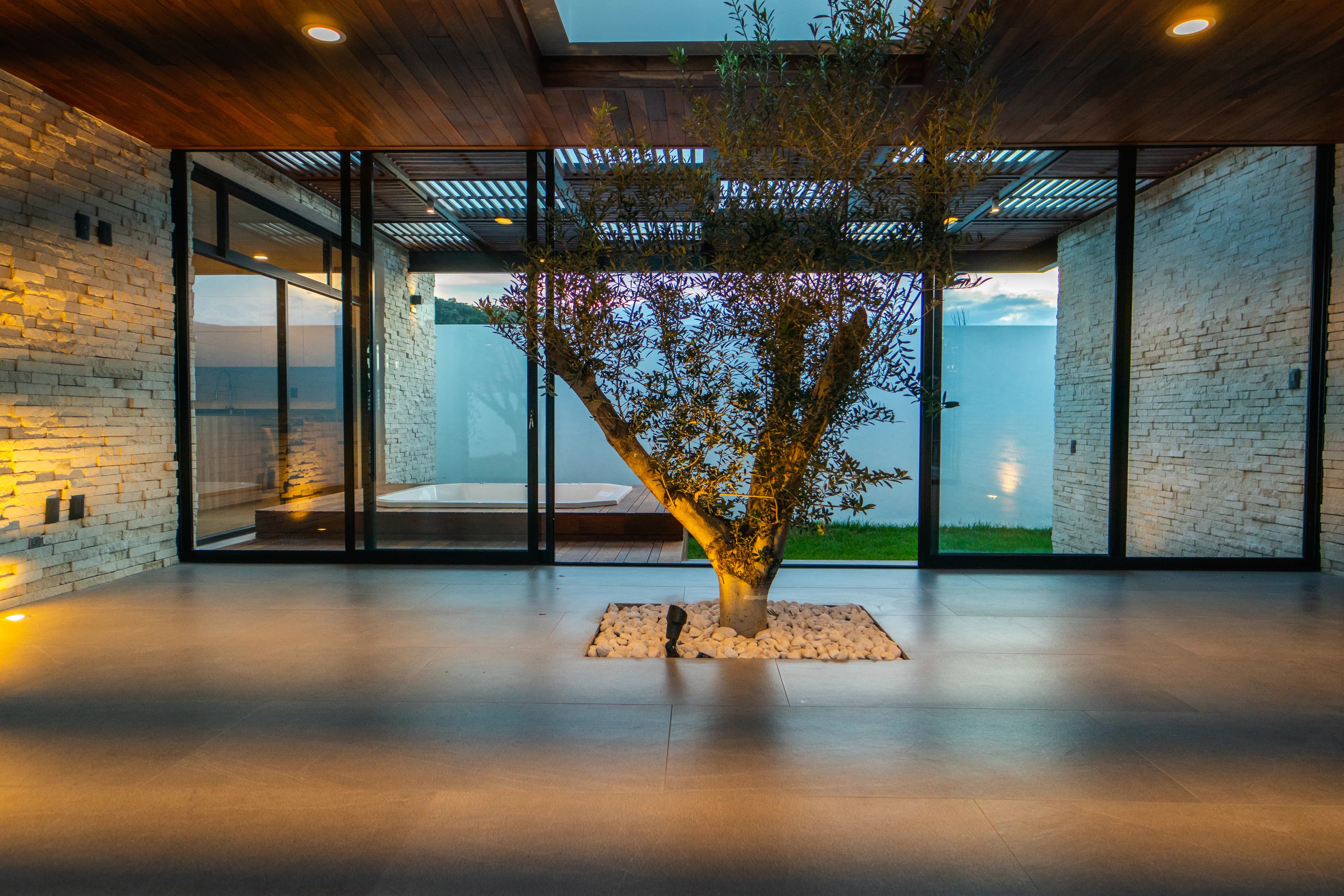 Patio interior de Casa Cointzio con un árbol al centro y plafón de madera