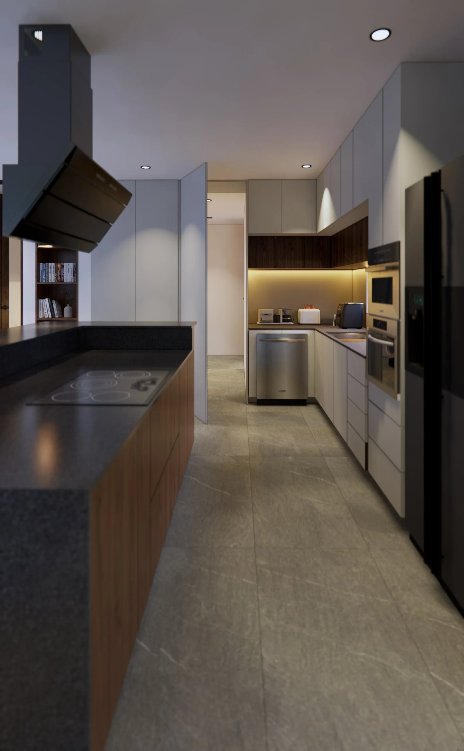 Cocina de Casa Grillos en línea, con barra larga de piedra y muebles oscuros