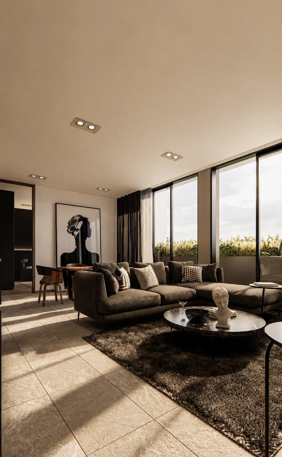 Sala de un departamento de Campestre con ventanales en dos lados y jardineras al exterior