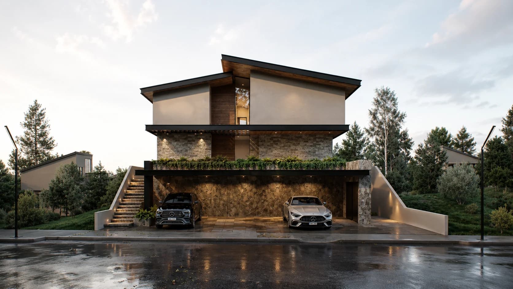 Fachada de la Residencia Itzcar con cochera techada y muro de piedra
