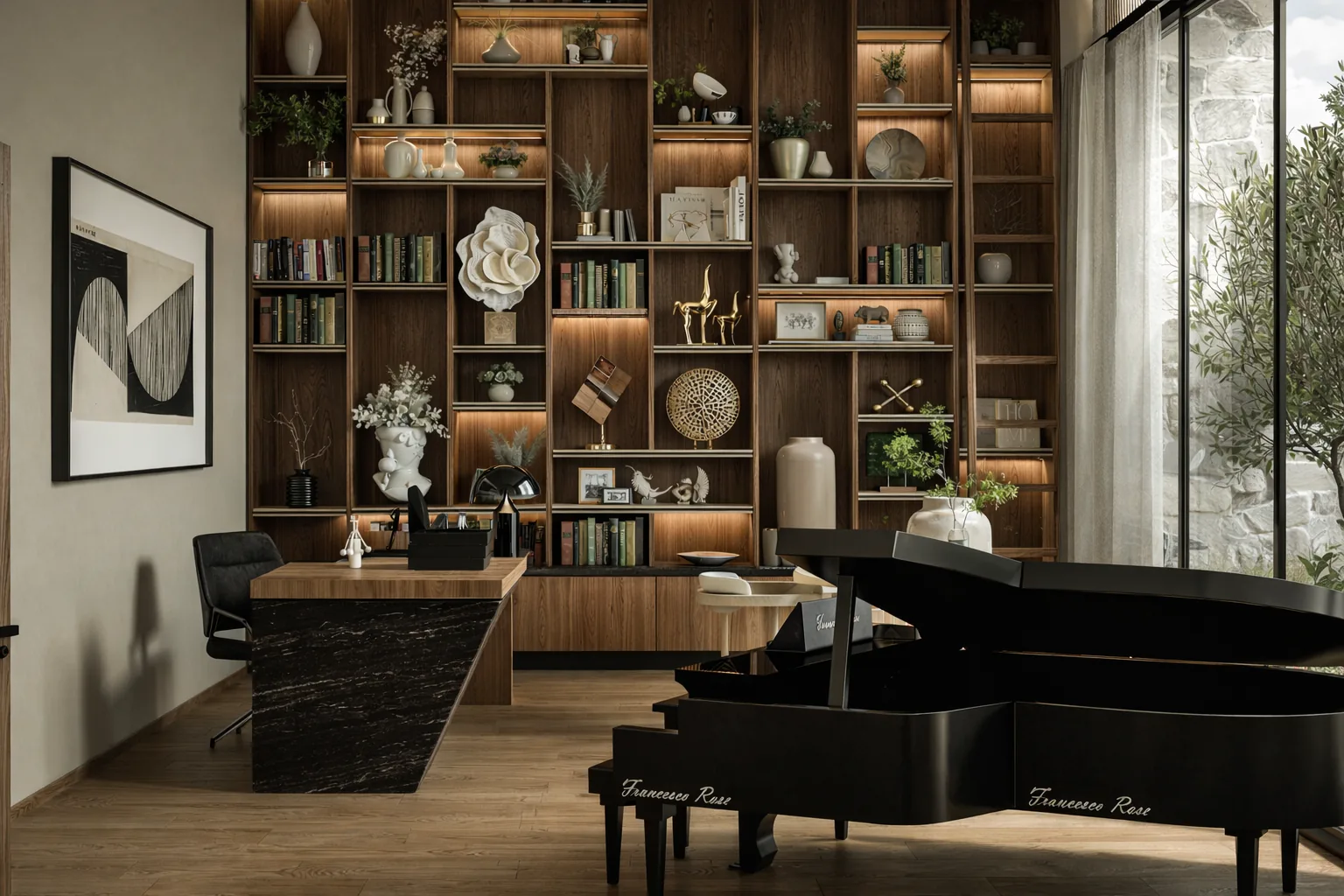 Estudio de la Residencia Jade con piano de cola y librero de madera