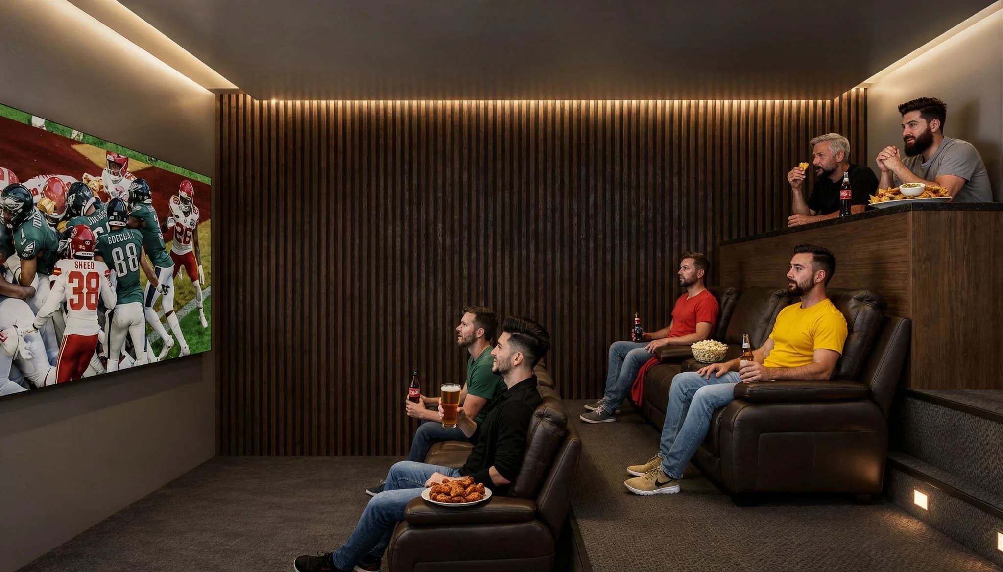 Sala de cine de la Residencia Monroy con pantalla y butacas reclinables