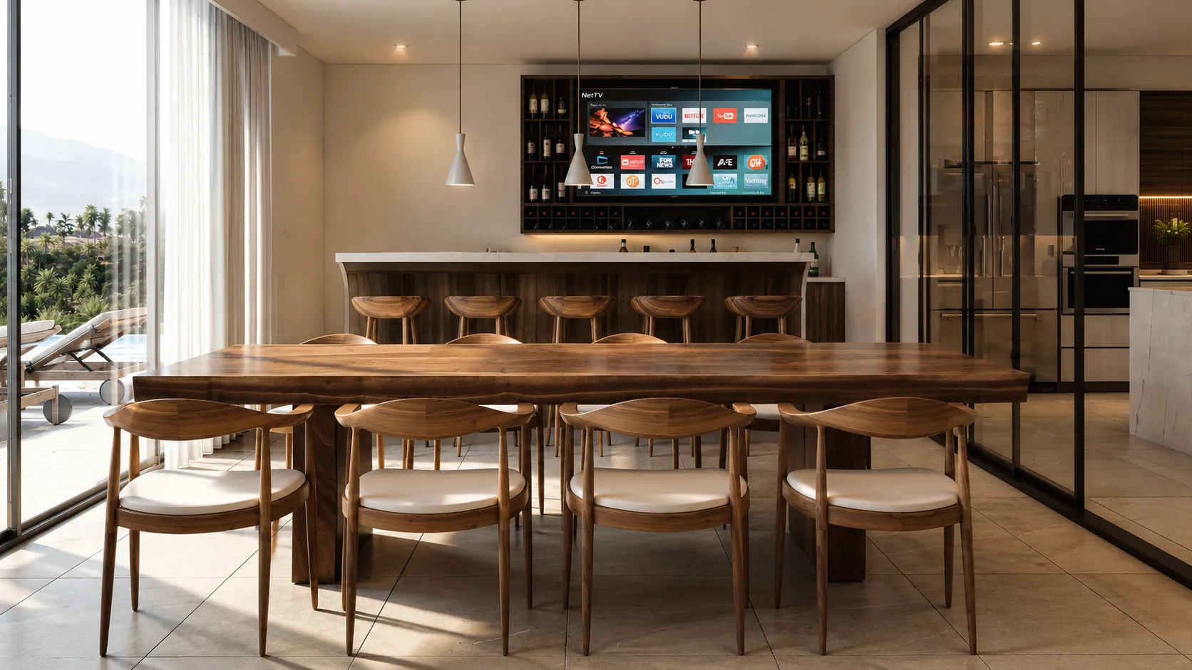 Bar y comedor de la Residencia Quinta Mar con barra de madera