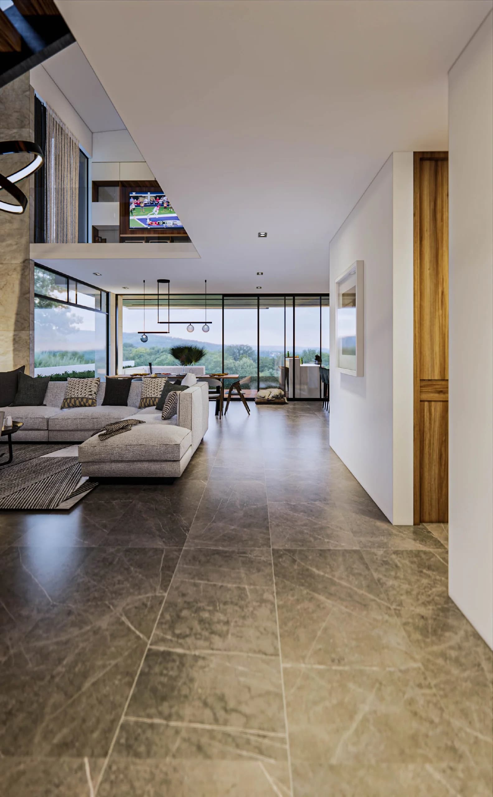 Render de la estancia de Casa Banak, con sala y comedor abiertos al ventanal