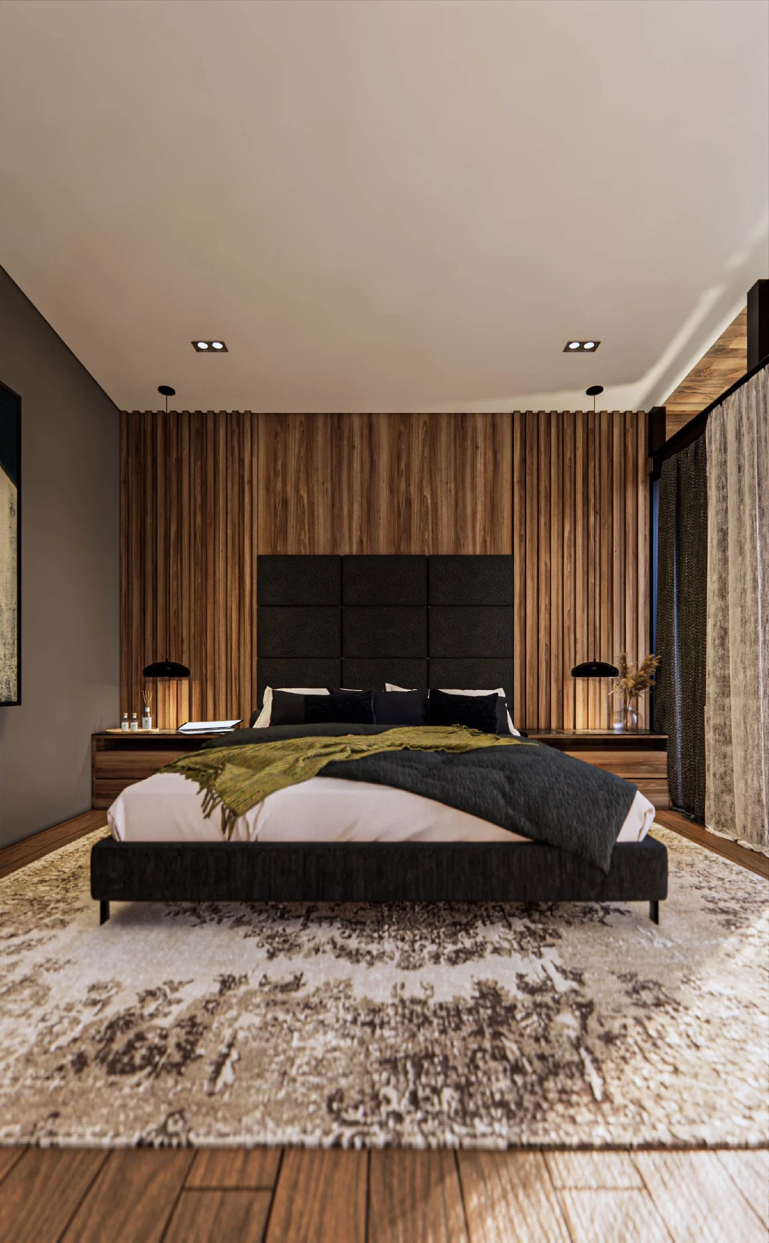Render de la recámara principal de Casa Banak con cabecera de madera y lambrín
