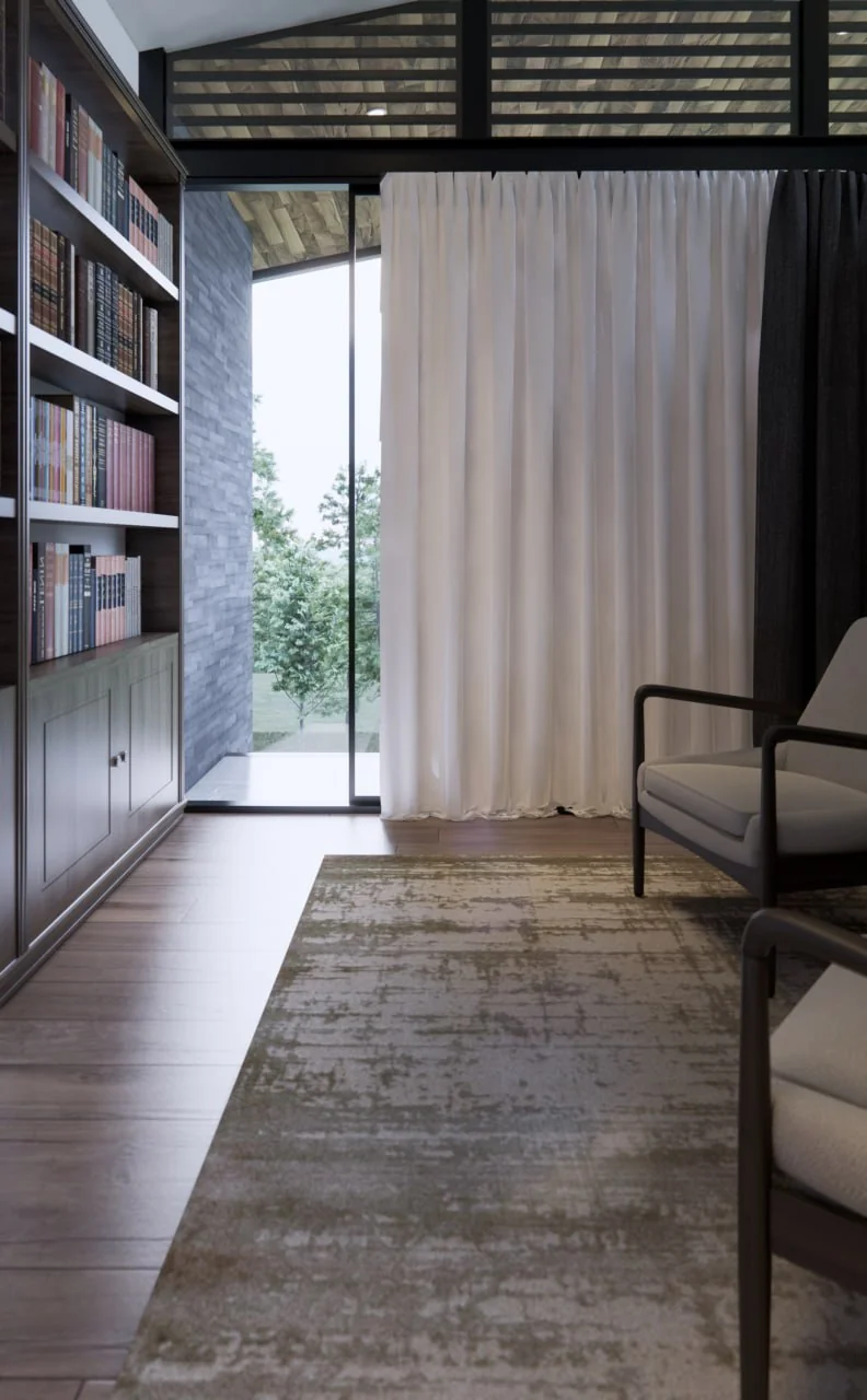 Render del estudio de Casa del Bosque con librero de piso a techo y salida al patio