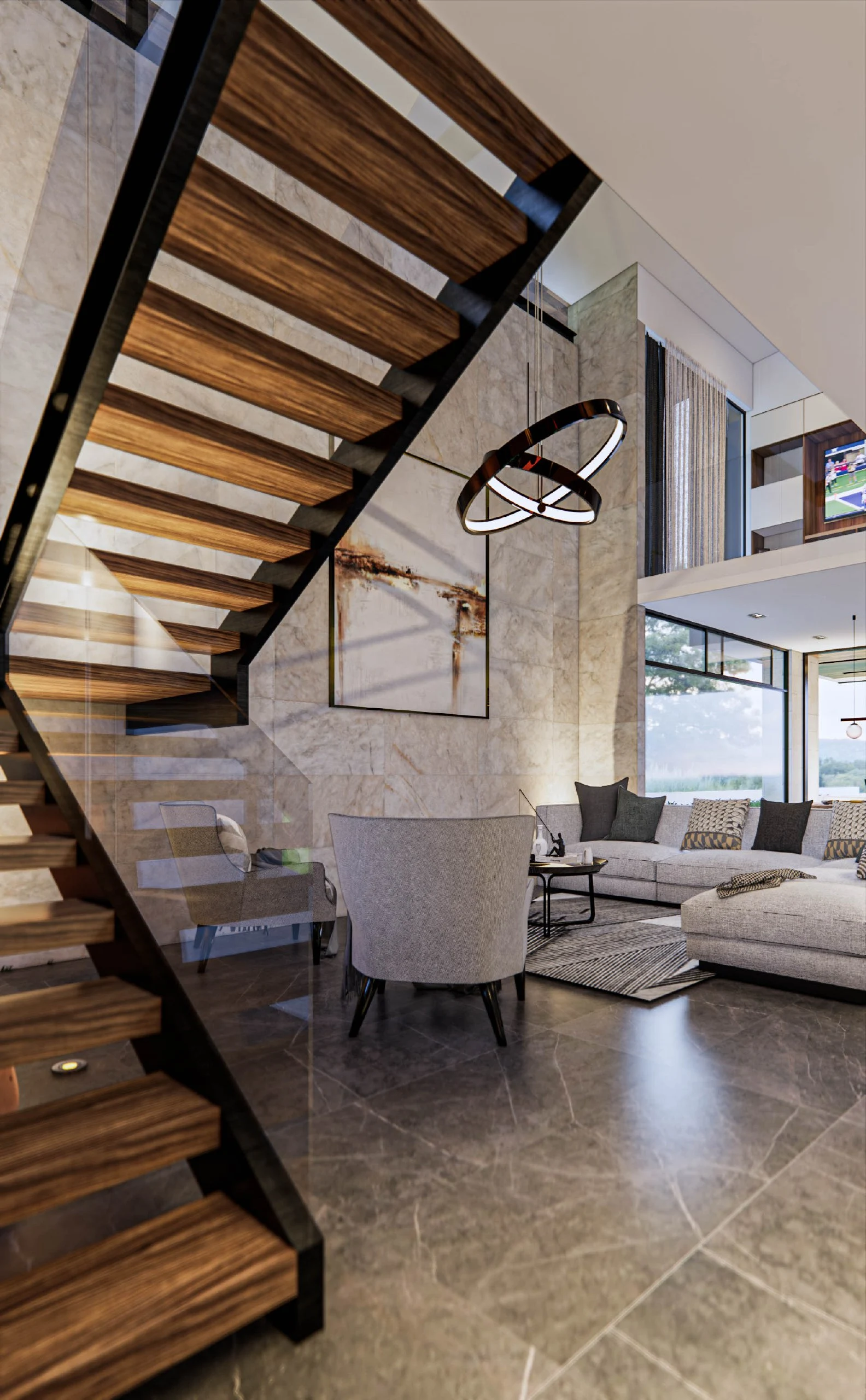 Sala con concepto abierto de Casa Banak en Campo de Golf Altozano